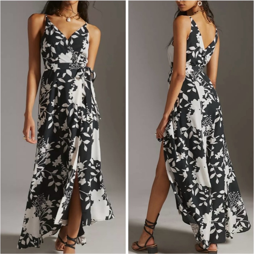 Hutch Anthropologie Wrap Maxi Dress Sleeveless Waist Tie Floral Black White XS
